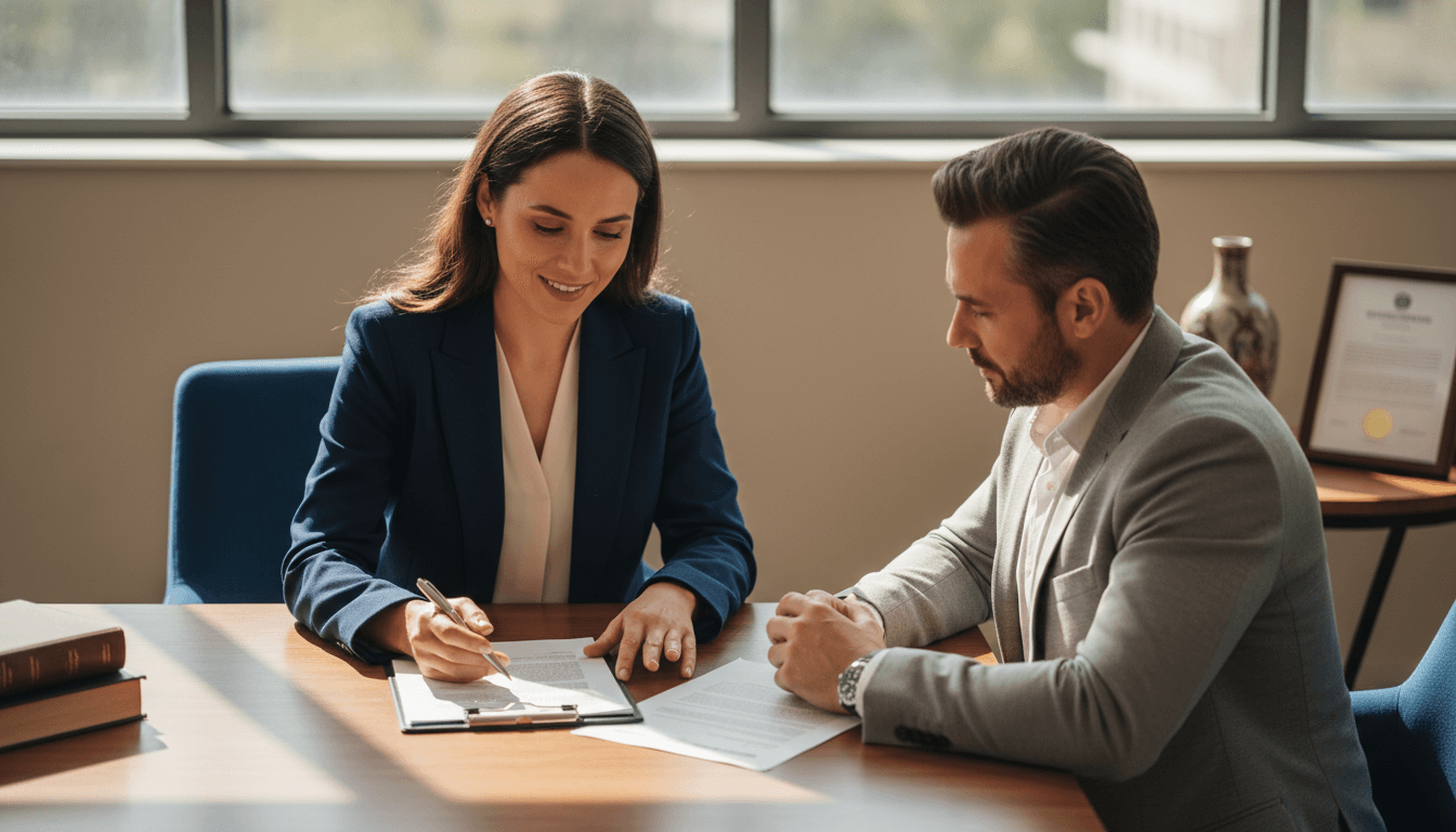 Legal professional reviewing financial recovery documents with a client during a consultation